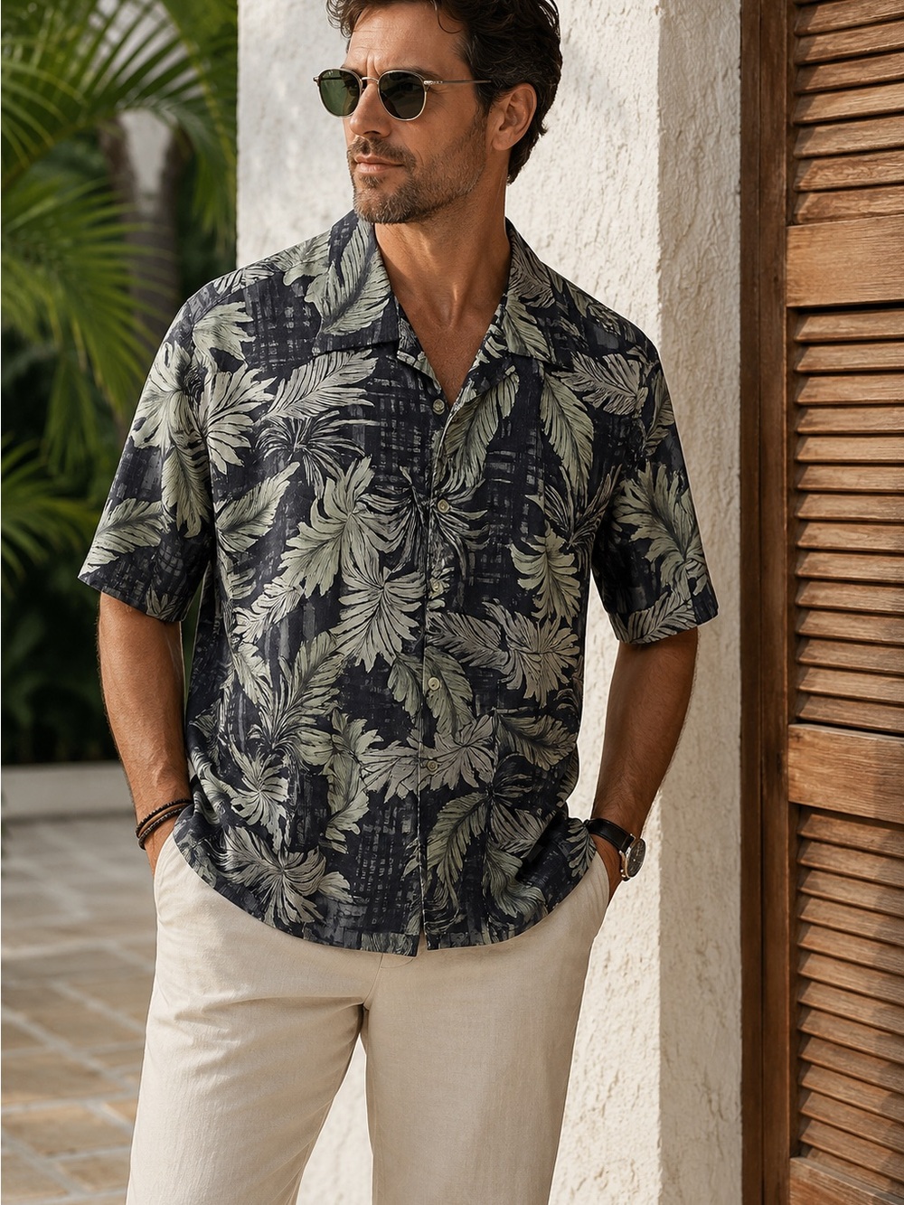 100% Silk Tropical Palm Leaf Camp Shirt